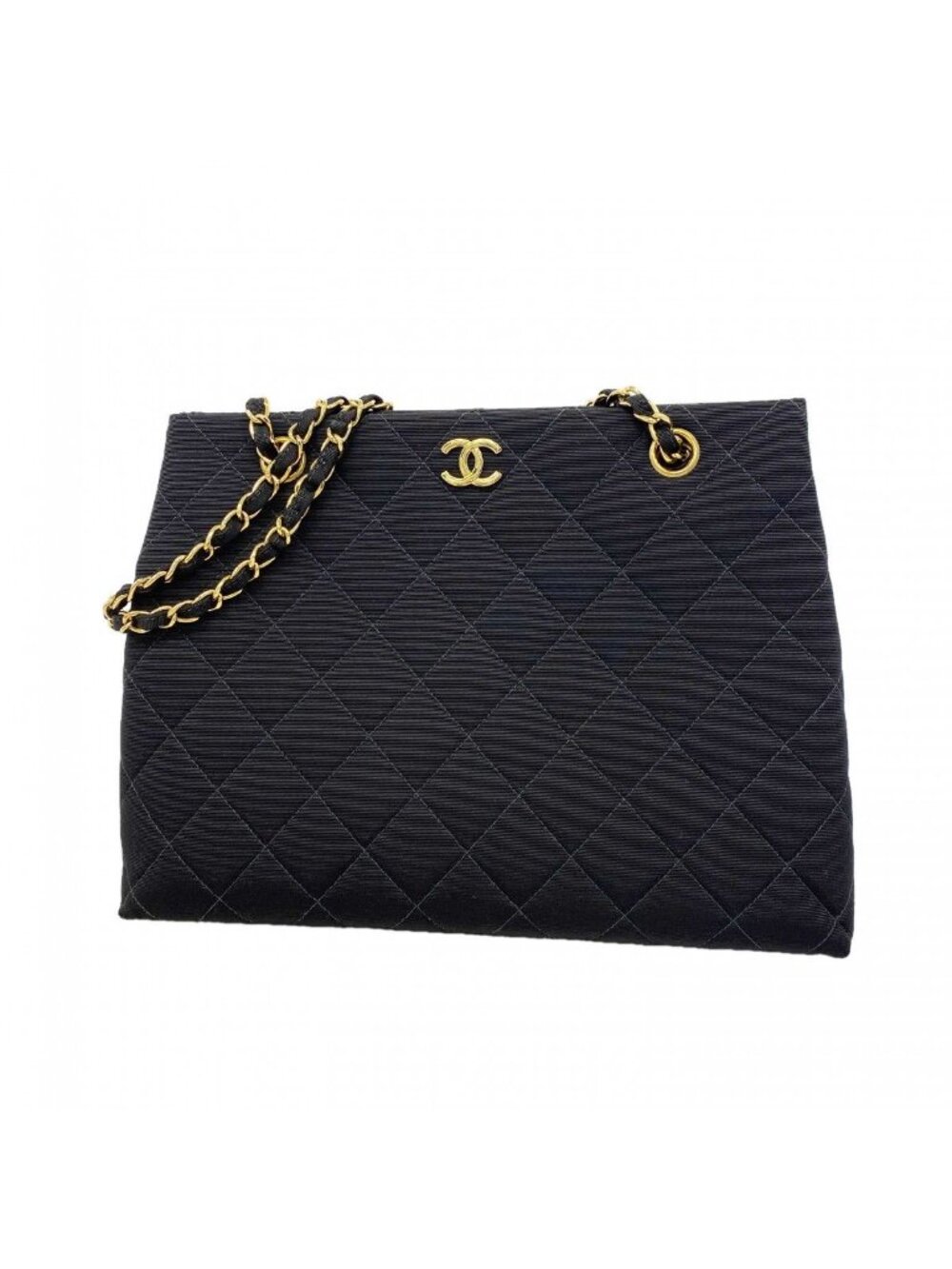 Chanel Shoulder Bag Quilted Cotton Black Gold